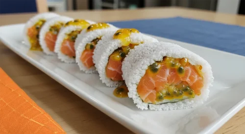 Sushi de tapioca com recheio de salmão e molho de maracujá
