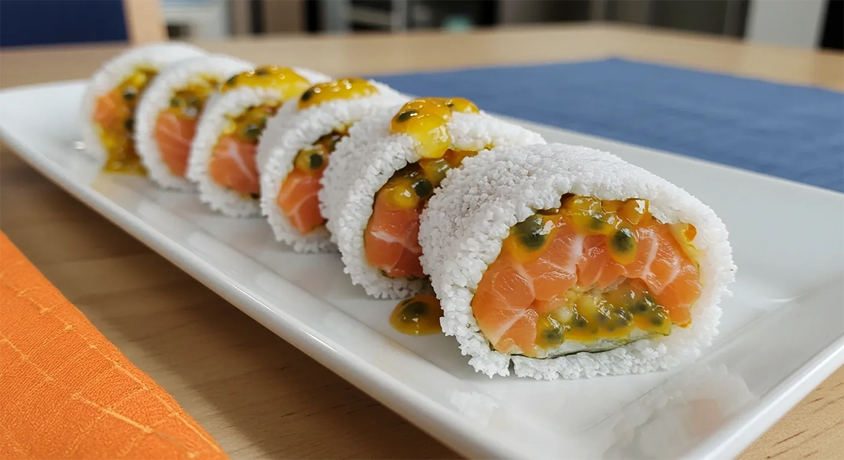 Sushi de tapioca com recheio de salmão e molho de maracujá