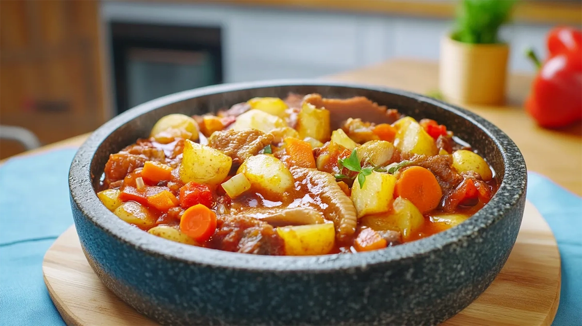 Bucho bovino macio e saboroso, cozido lentamente em um guisado rico e aromático com legumes frescos e batatas tenras. Um prato rústico e reconfortante, cheio de sabor e tradição.