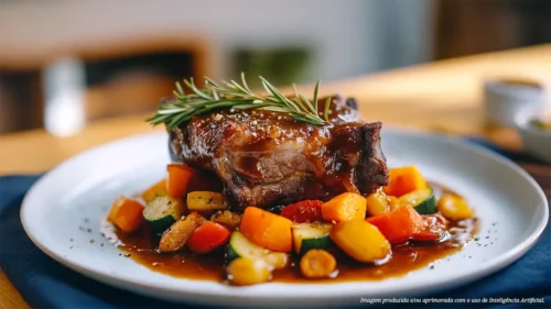 Carne ponta de agulha com molho de alho e legumes assados