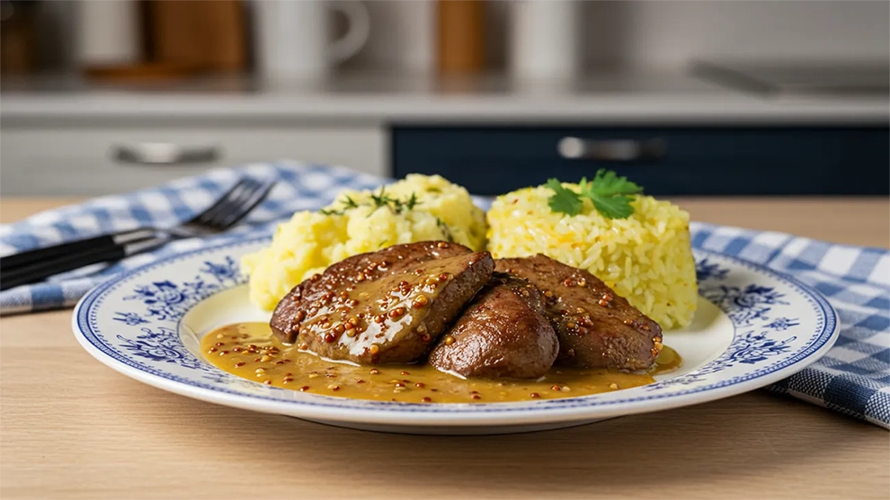 Fígado bovino macio e saboroso, assado no ponto certo e regado com um molho cremoso e aromático de mostarda e ervas frescas. Uma opção nutritiva e cheia de sabor para sair do comum! #fígado #mostarda #receitas