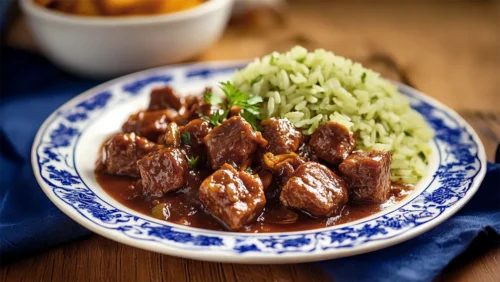 Músculo bovino ao molho barbecue e cebola caramelizada com arroz de brócolis
