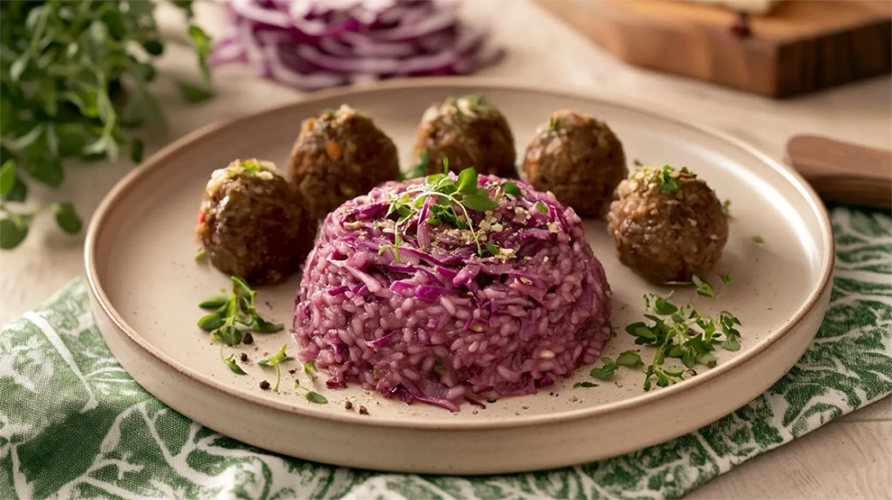 Delicioso risoto vegano de repolho roxo com almôndegas vegetais. Uma refeição colorida, saudável e saborosa.