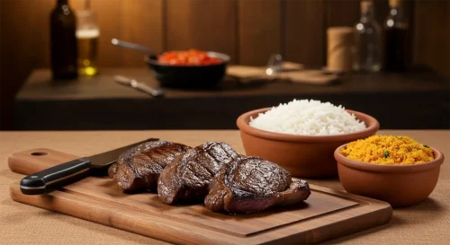 Picanha da brasa com arroz branco e farofa de dendê