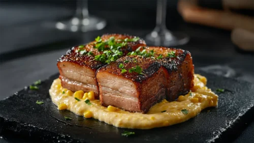 Panceta assada com creme de milho