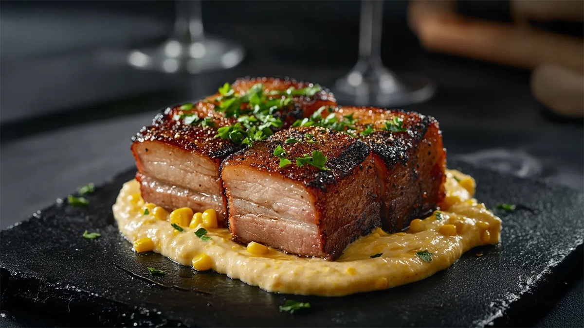 Panceta assada com creme de milho