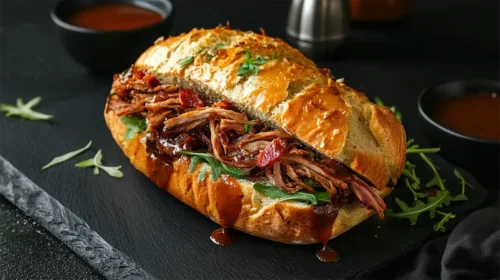 Sanduíche de costela suína com molho de cerveja e bacon crocante