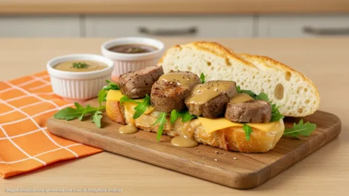 Baguete de medalhão suíno ao molho de cerveja e mel com rúcula