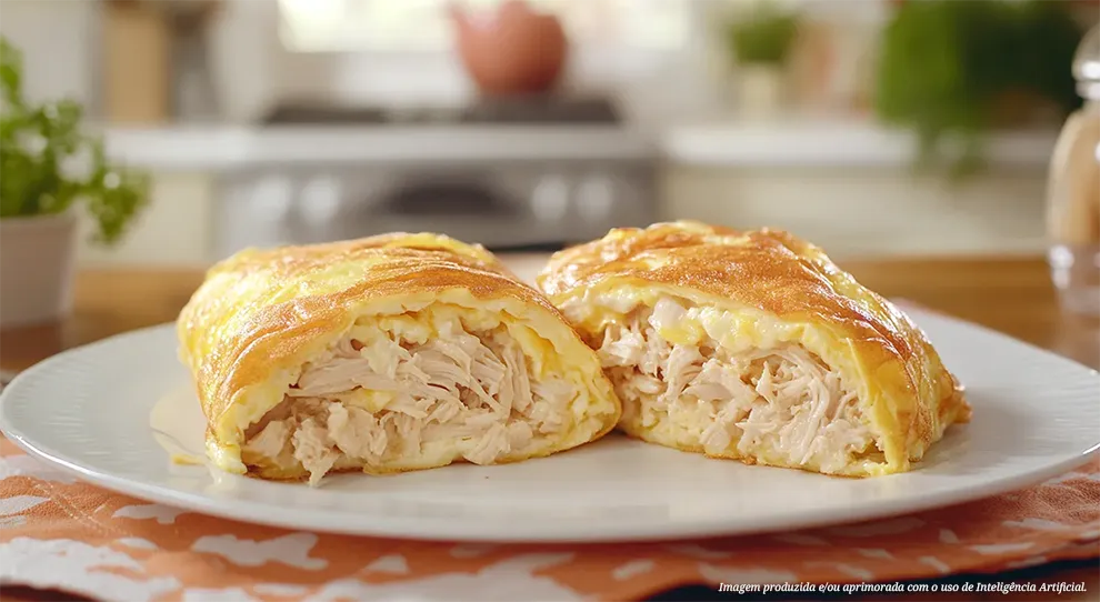 Omelete dourada com recheio de frango e requeijão branco. Uma combinação simples e deliciosa para um café da manhã reforçado ou um jantar leve.