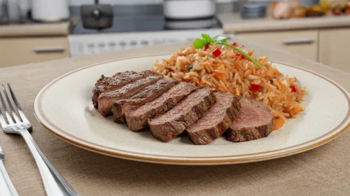 Contrafilé assado com arroz jollof