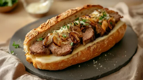 Sanduíche de filé mignon com queijo canastra e cebola caramelizada