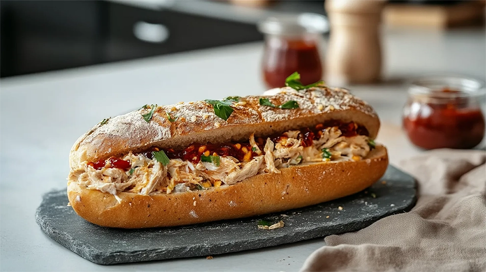 Sanduíche com recheio de frango, cream cheese e geleia vermelha vibrante. Uma combinação de sabores e texturas irresistível.