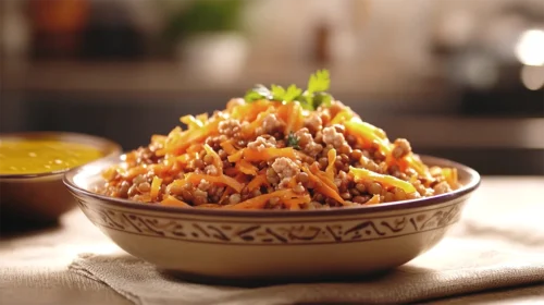 Salada de patinho com lentilhas, cenoura e vinagrete de mostarda