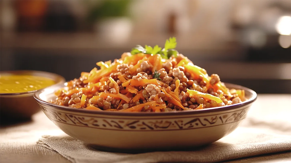 Salada de patinho com lentilhas, cenoura e vinagrete de mostarda