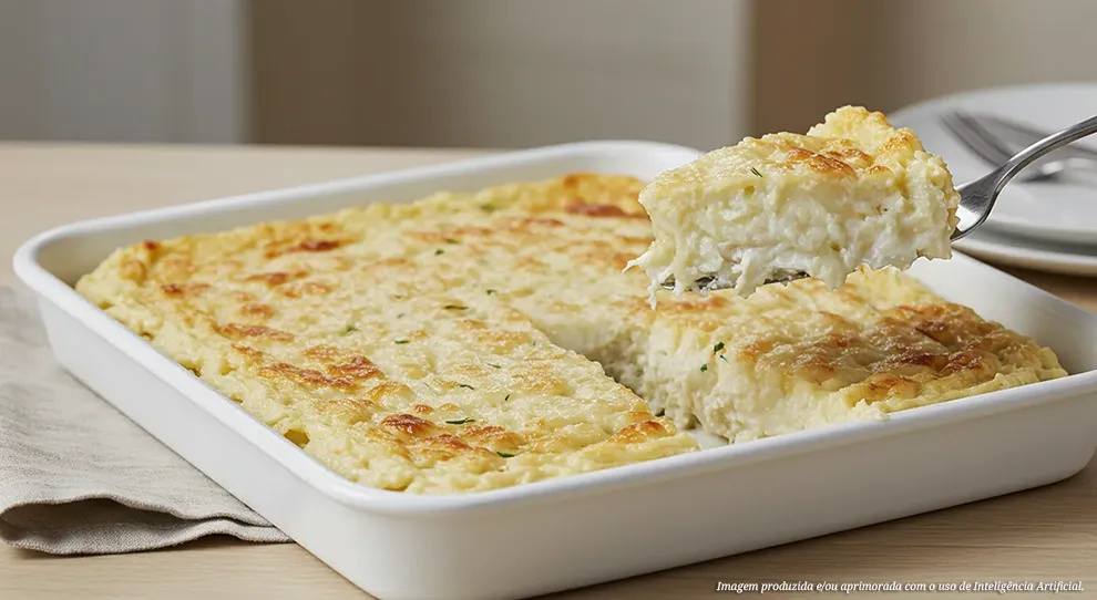 Suflê de bacalhau em travessa branca, com uma porção servida em uma colher.