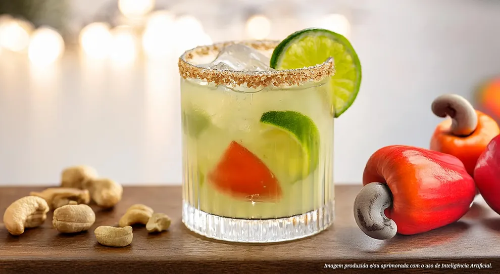 Em um copo com borda decorada com sal, uma bebida de cor clara com gelo e um toque de cor. Três pedaços de limão e caju vibrante adornam a bebida, com caju fresco ao lado. Um drink convidativo para momentos de descontração!