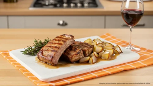 Costela acompanhada com pera ao vinho aromatizado com hortelã