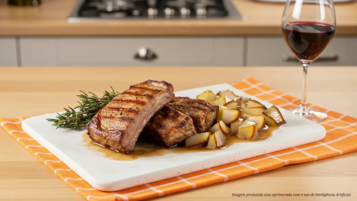 Costela acompanhada com pera ao vinho aromatizado com hortelã