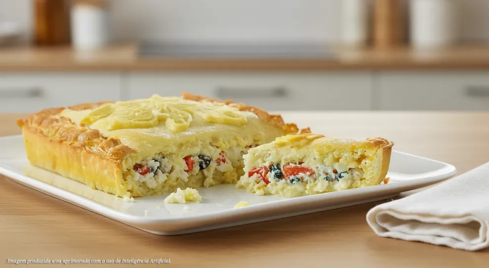 Empadão de bacalhau assado com recheio de legumes e cobertura cremosa, em um prato branco sobre uma mesa de madeira.