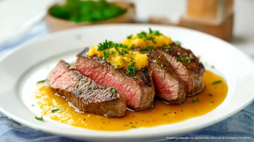 Filé mignon com melado de tucupi e farofa de beiju