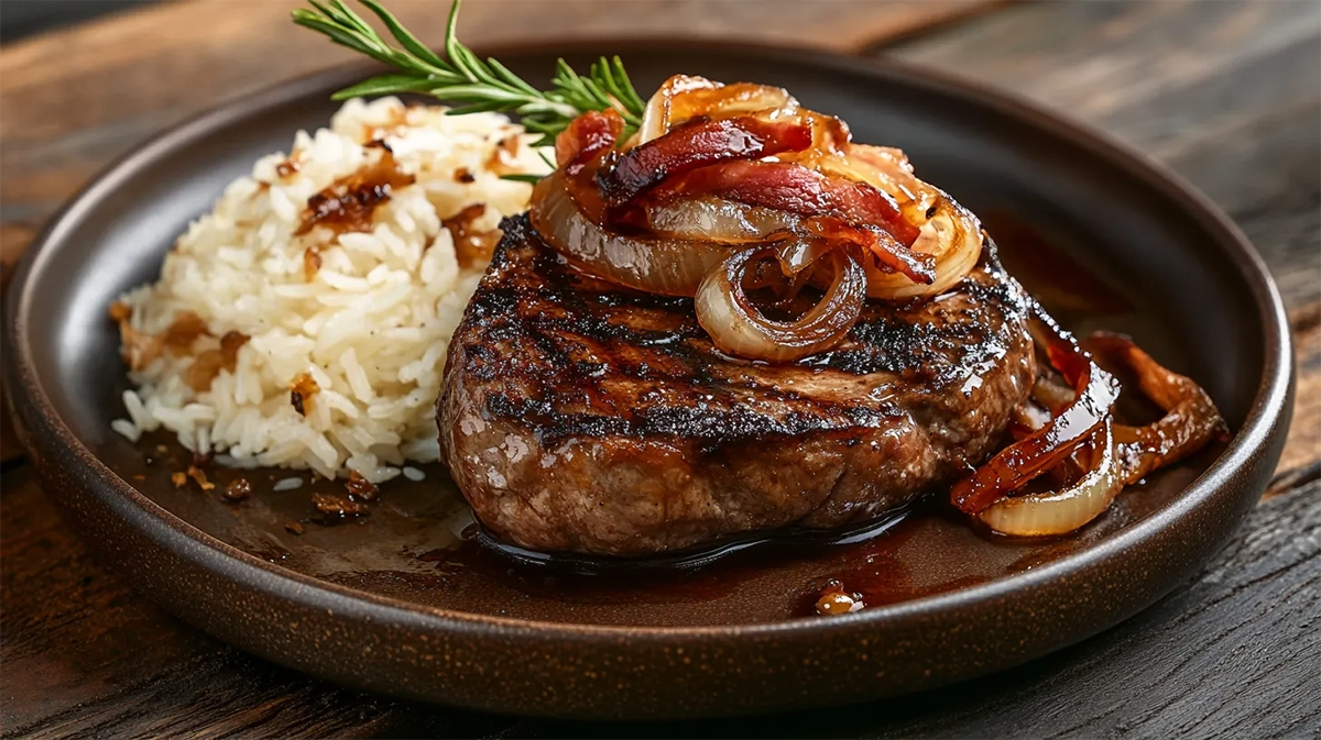 Filé mignon grelhado com molho de cebola doce e bacon
