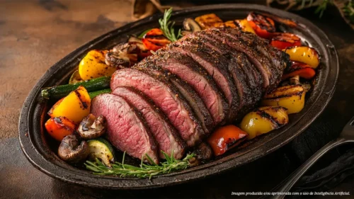 Lagarto com molho de vinho e legumes assados