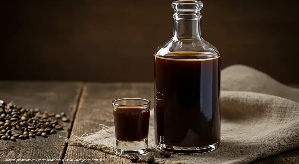 Licor de café em uma garrafa e copo sobre uma mesa de madeira, com grãos de café ao lado.