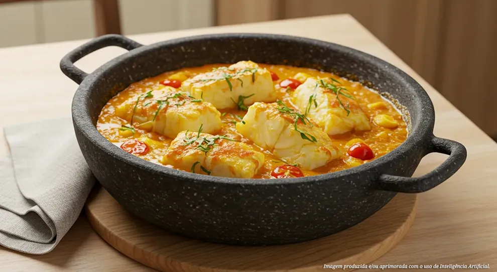 Moqueca de bacalhau com tomate cereja em panela de pedra sobre tábua de madeira.