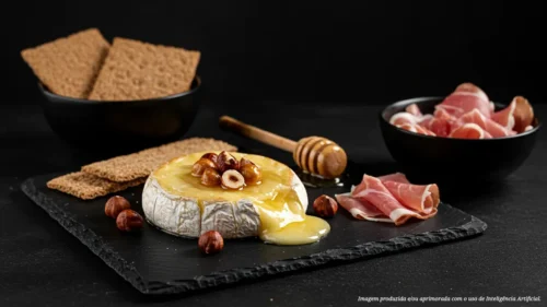 Presunto de Parma com Queijo Camembert Assado com Mel e Avelãs Tostadas