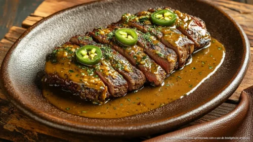 Fraldinha grelhada com molho de pimenta jalapeño e coentro