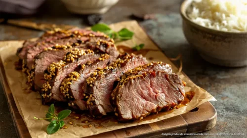 Peixinho na churrasqueira com crosta de gergelim e molho teriyaki