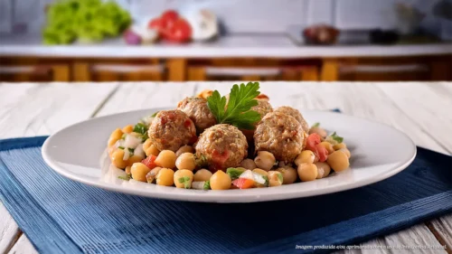 Almôndegas de carne com salada de grão-de-bico