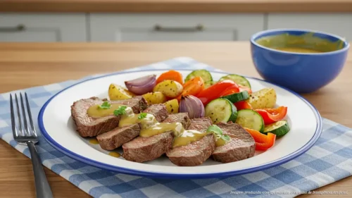 Coxão mole assado com legumes com molho de mostarda e mel