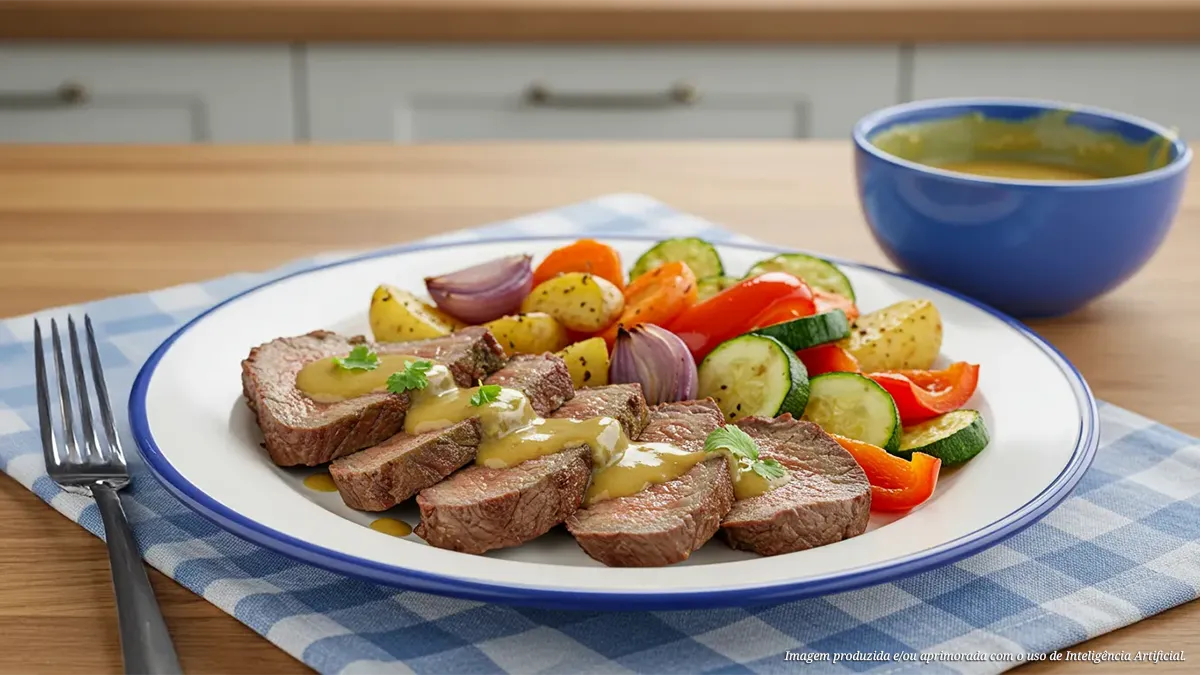Coxão mole assado com legumes com molho de mostarda e mel