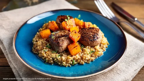 Filé mignon com abóbora assada e quinoa