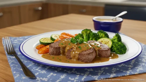 Medalhão de filé mignon ao molho de whisky e pimenta rosa