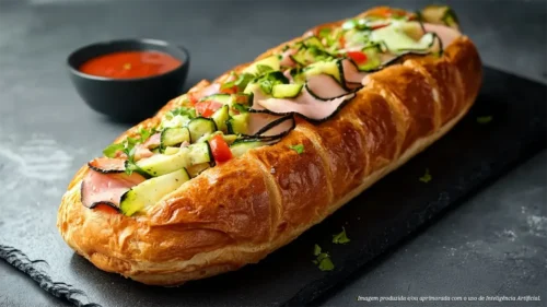 Brioche com presunto alemão, queijo brie e legumes grelhados