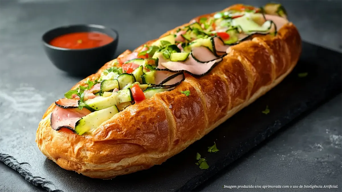 Brioche com presunto alemão, queijo brie e legumes grelhados