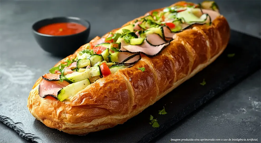 Metade de um brioche recheado com a combinação clássica de presunto alemão e queijo brie, complementada pela doçura e sabor defumado dos legumes grelhados, apresentado em um prato rústico.