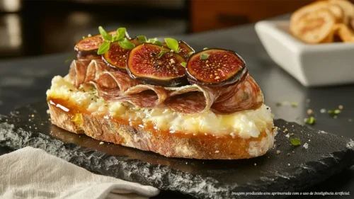 Bruschetta de salame com alho negro, figos grelhados, queijo brie e geleia de pimenta