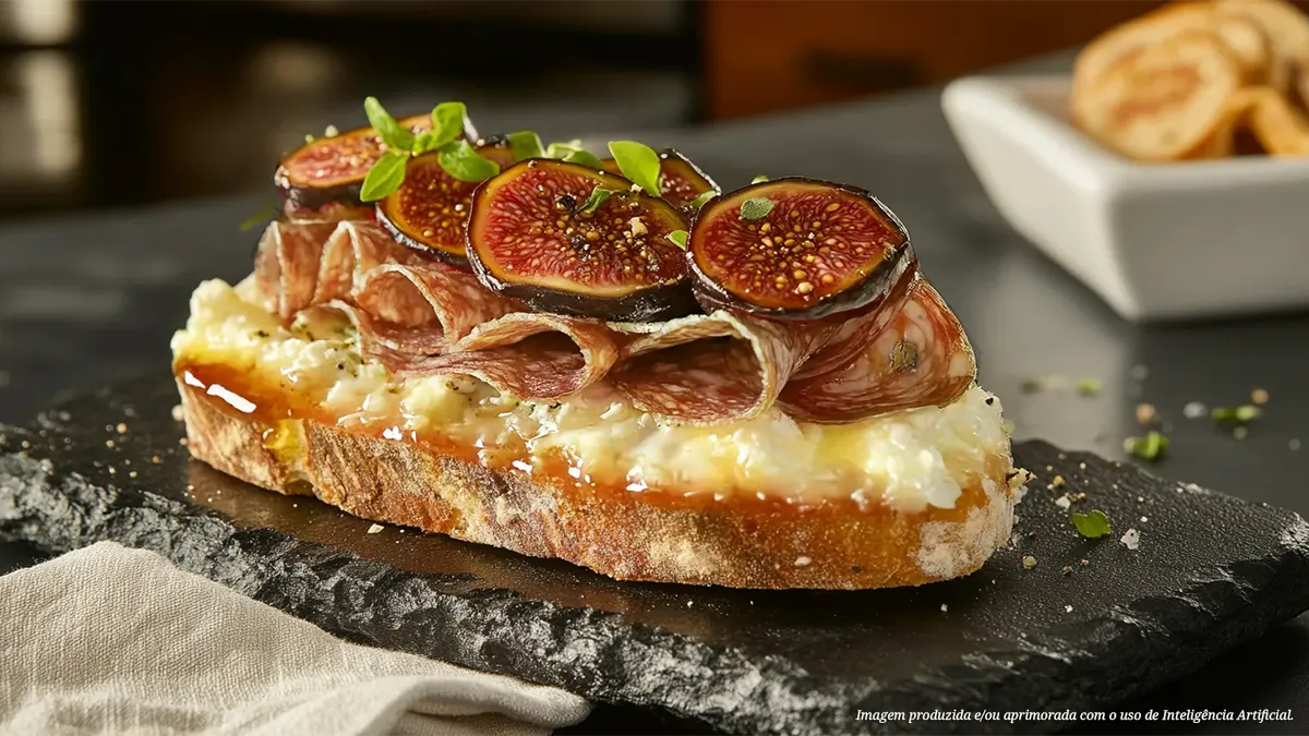 Vê-se uma bruschetta apetitosa com camadas de salame, pedaços de alho negro, metades de figos grelhados caramelizados, fatias de queijo brie macio e pequenas porções de geleia de pimenta.