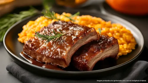 Costela barbecue com arroz ao molho de laranja caramelizada
