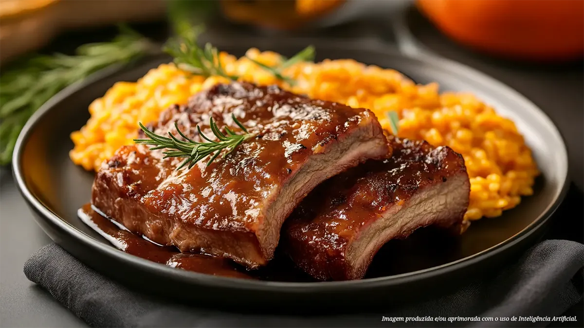 Costela barbecue com arroz ao molho de laranja caramelizada