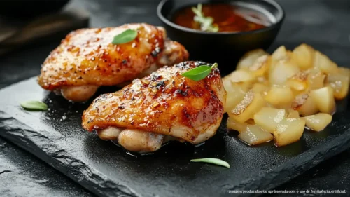 Filé de coxa e sobrecoxa assados com peras caramelizadas