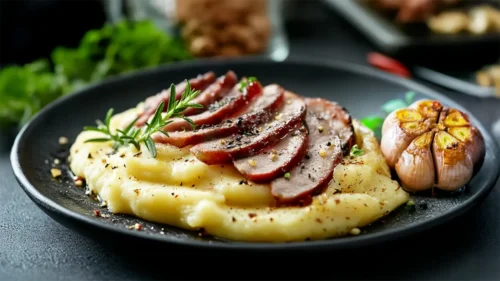 Lombo fatiado barbecue com purê de batata trufado e alho assado