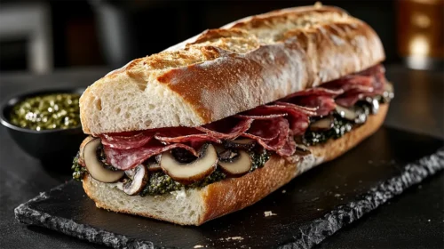 Sanduíche de salame com cogumelos e molho pesto