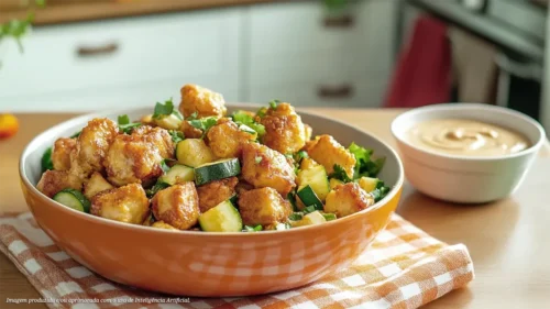 Frango em cubos com abobrinha assada e molho de tahine