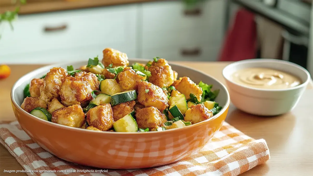 Frango em cubos com abobrinha assada e molho de tahine