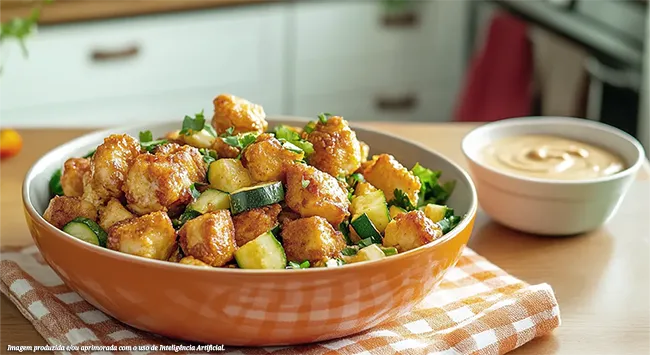 Prato pronto de Frango em cubos com abobrinha assada e molho de tahine em uma tigela texturizada. Ao lado, um recipiente menor contém o molho tahine cremoso para acompanhar.