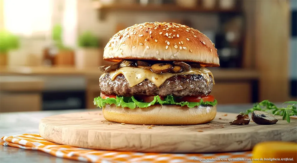 Visão frontal de um Hambúrguer bovino na airfryer com queijo provolone e cogumelos. O lanche robusto mostra a carne, o queijo derretido por cima e os cogumelos fatiados sob o pão.